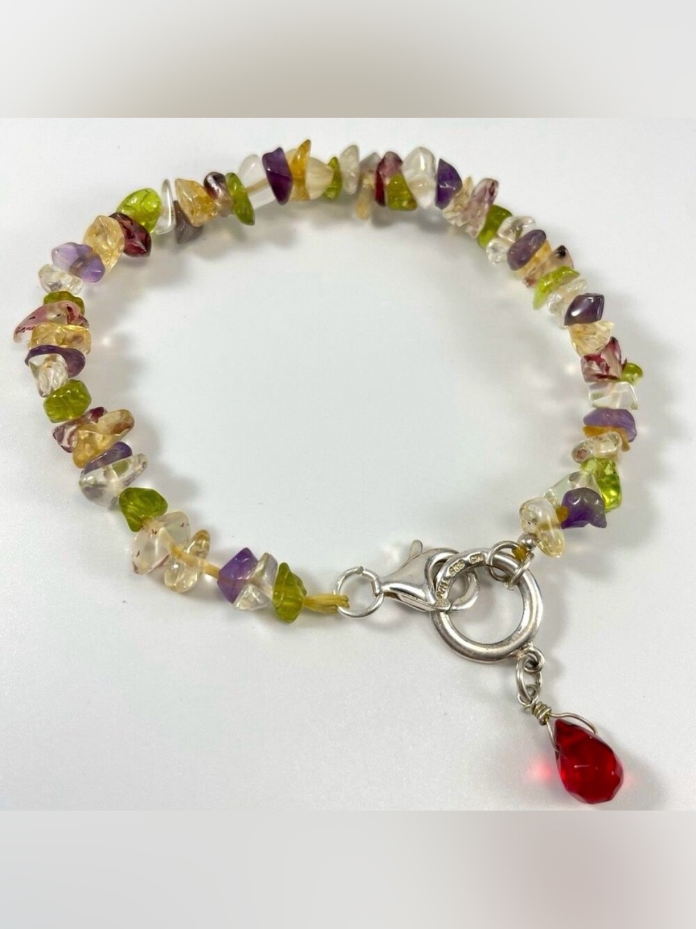 925 Sterling Silver Quartz Amethyst Peridot Chip Gemstone Beaded Bracelet Boho